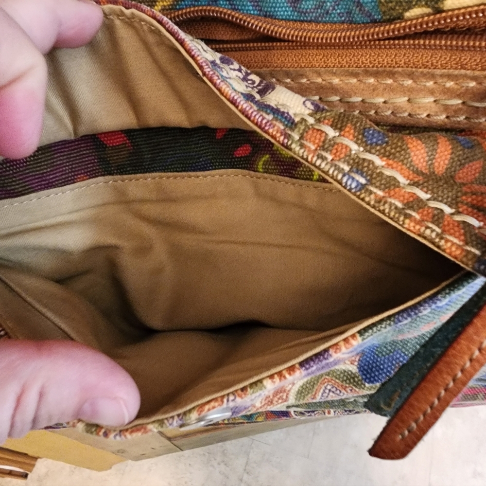Fossil Multicolor Patchwork Canvas Shoulder Bag with Tan Leather Trim - Picture 8 of 16